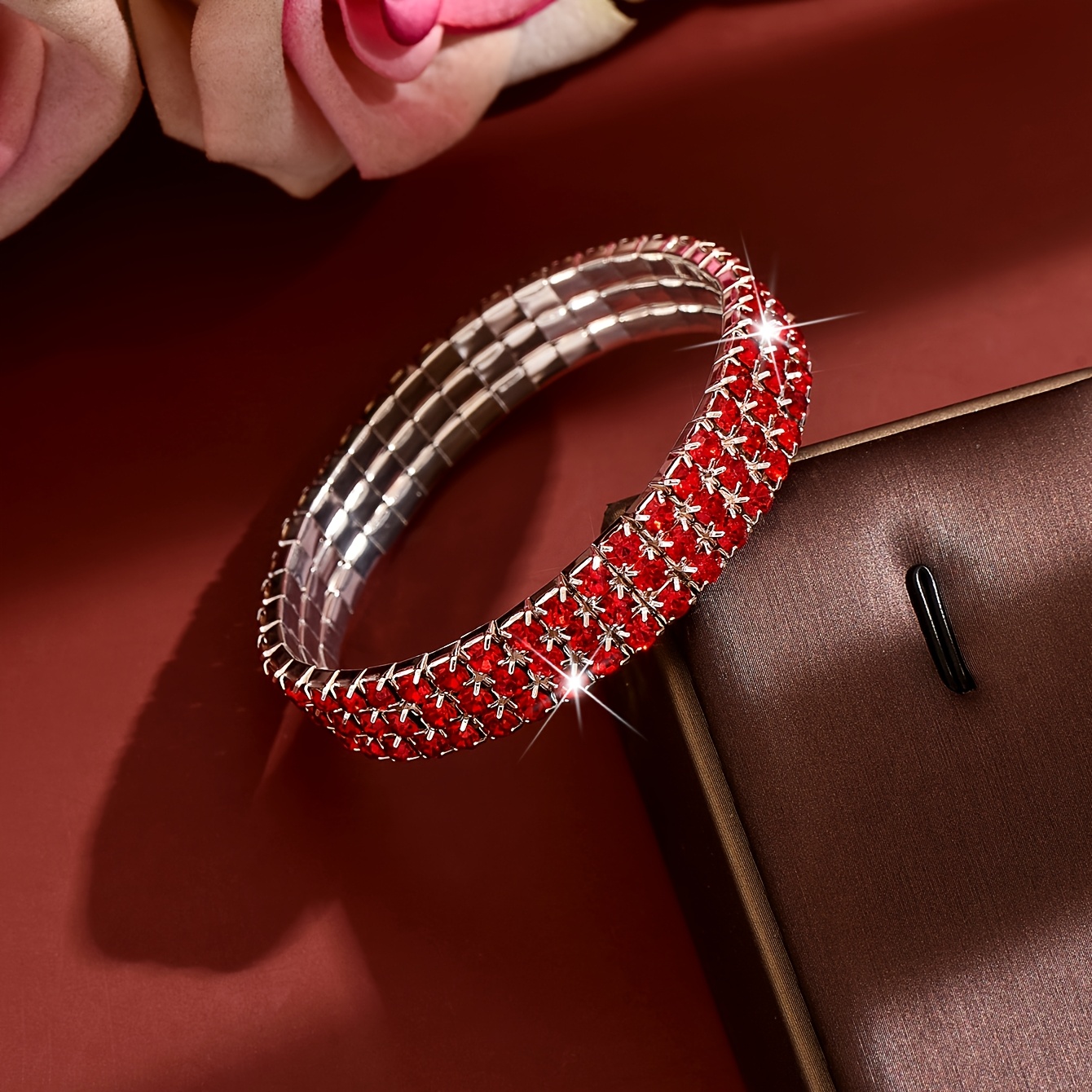 4pc Rhinestone Elastic Bangle 3-Row Bracelet Set